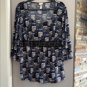 Venezia Blue and White Graphic 3/4 Sleeve Blouse
